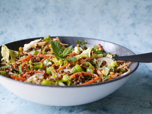 Salade de quinoa rouge, lentilles vertes, chou chinois et oranges