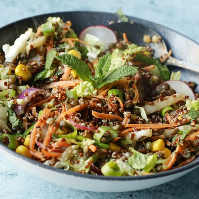 Salade de quinoa rouge, lentilles vertes, chou chinois et carottes
