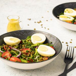 Salade IG bas de lentilles, haricots verts, tomates et oeufs durs